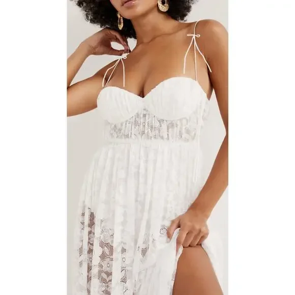 NWT For Love & Lemons Lorena White Lace Bodysuit Maxi Dress Size S NWT For Love & Lemons Lorena White Lace Bodysuit Maxi Dress Size S